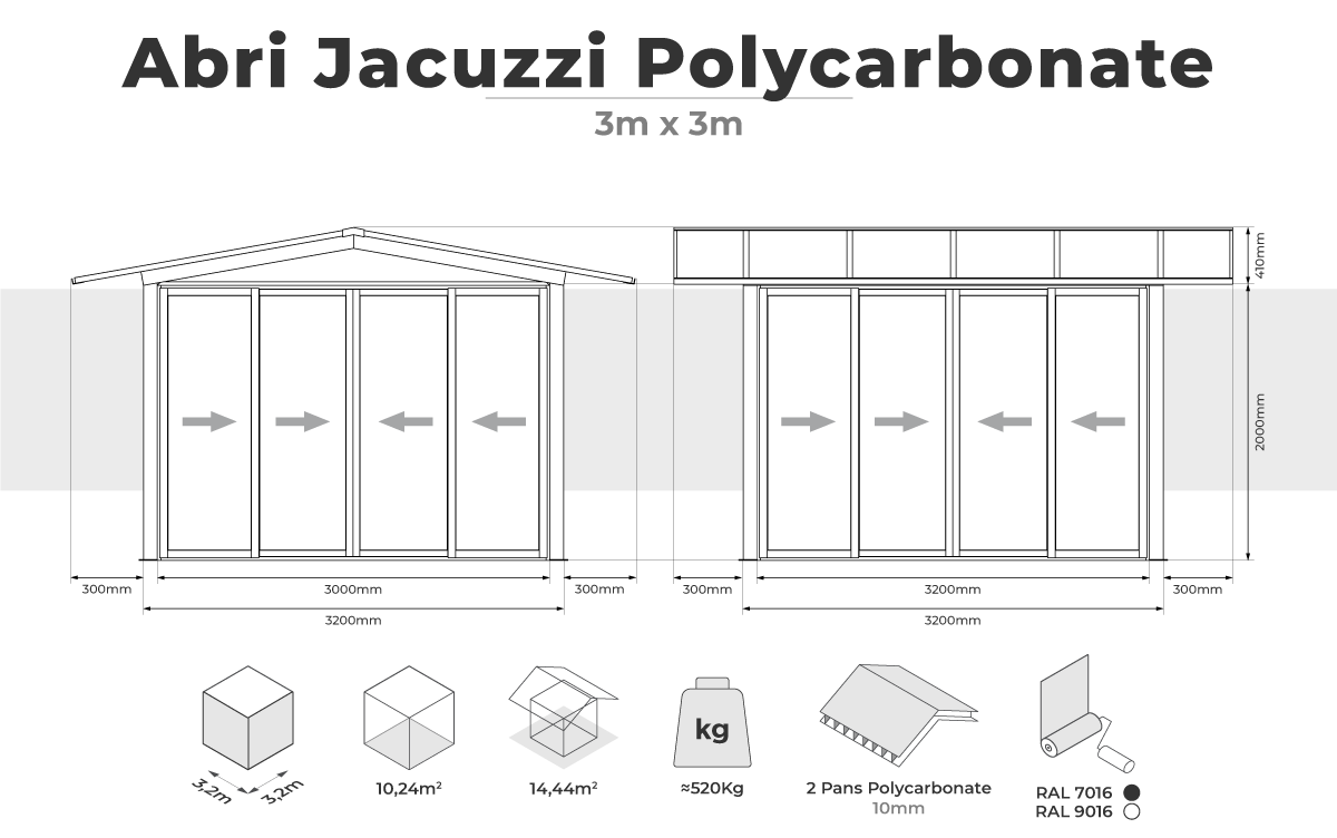 Abri de Jardin Type Jacuzzi Polycarbonate 3m x 3m